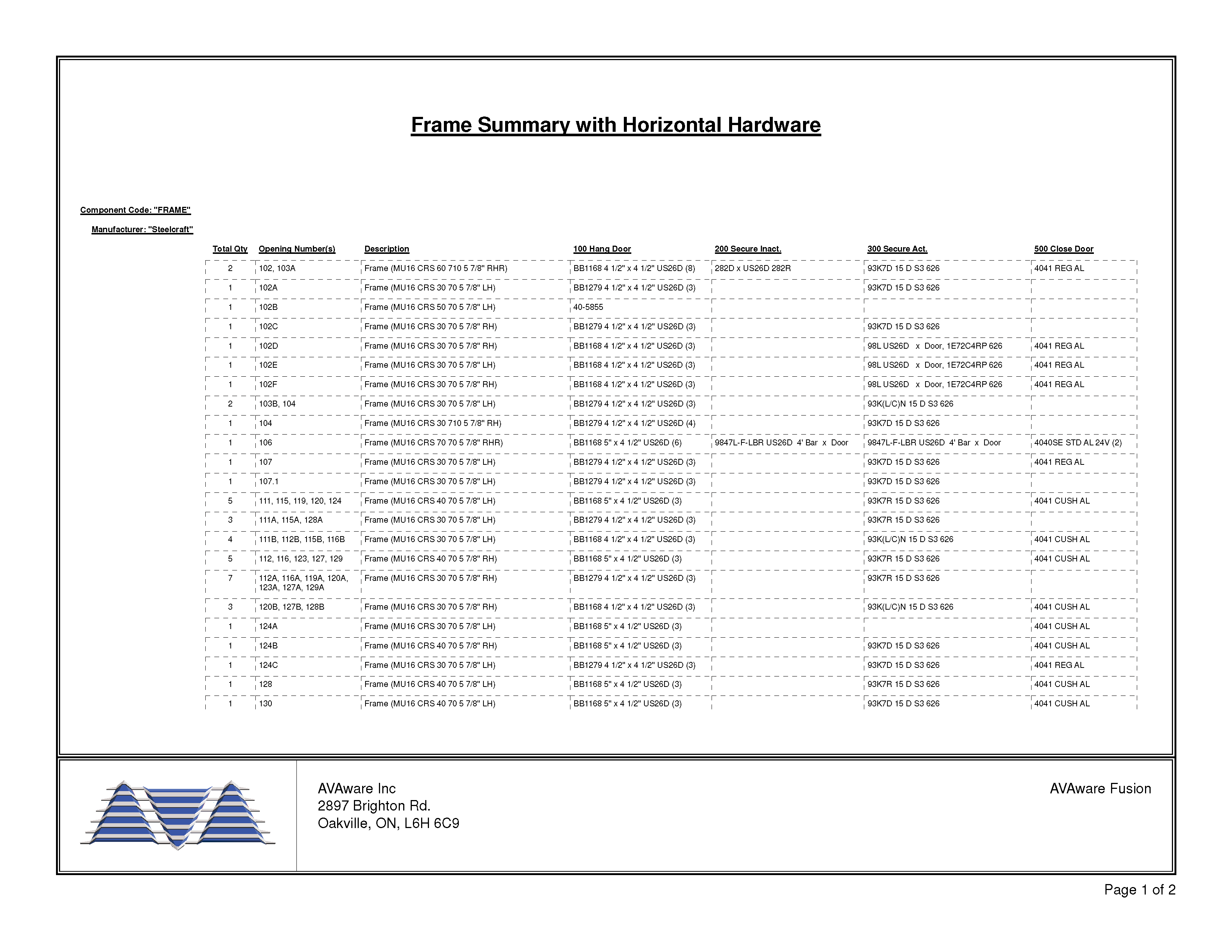 Frame Summary with Horizontal Hardware Page 1